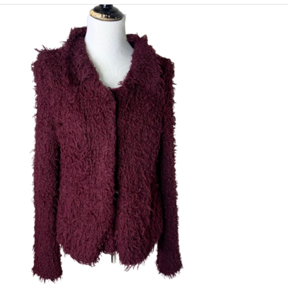Free People Textured Shaggy Open Cardigan Jacket in Deep Burgundy